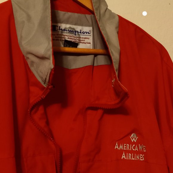 Vintage America West Airlines Full Zip Windbreaker Bold Red & Gray EUC Men's XL - Picture 11 of 13